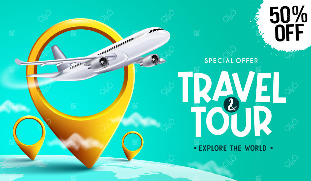 طرح وکتور تبلیغاتی سفر با متن تور و تخفیف ویژه همراه با هواپیما و نشان‌‌گر مکان