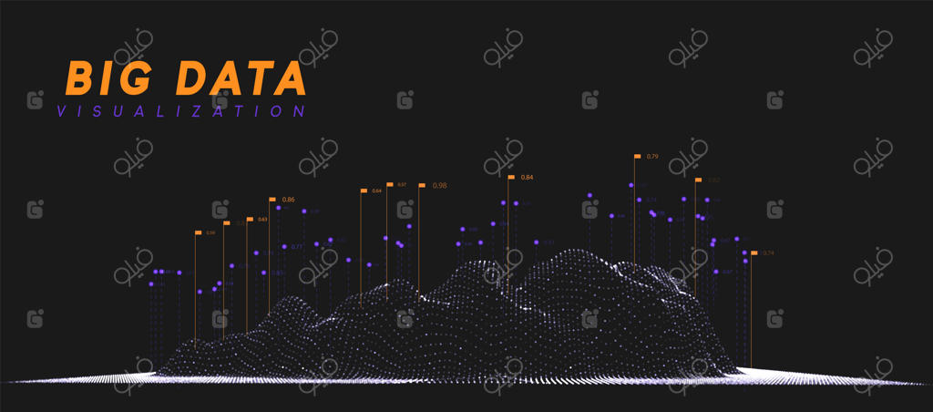 تجسم داده‌های کلان: فناوری موج اطلاعات - پس‌زمینه انتزاعی آینده‌نگر از داده‌های دیجیتال بزرگ، محاسبه و پردازش داده‌های تحلیلی، تصویرسازی وکتور