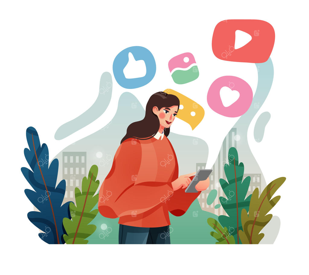 مفهومی از شبکه‌های اجتماعی: زنی در حال چت در شبکه‌های اجتماعی با استفاده از گوشی هوشمند