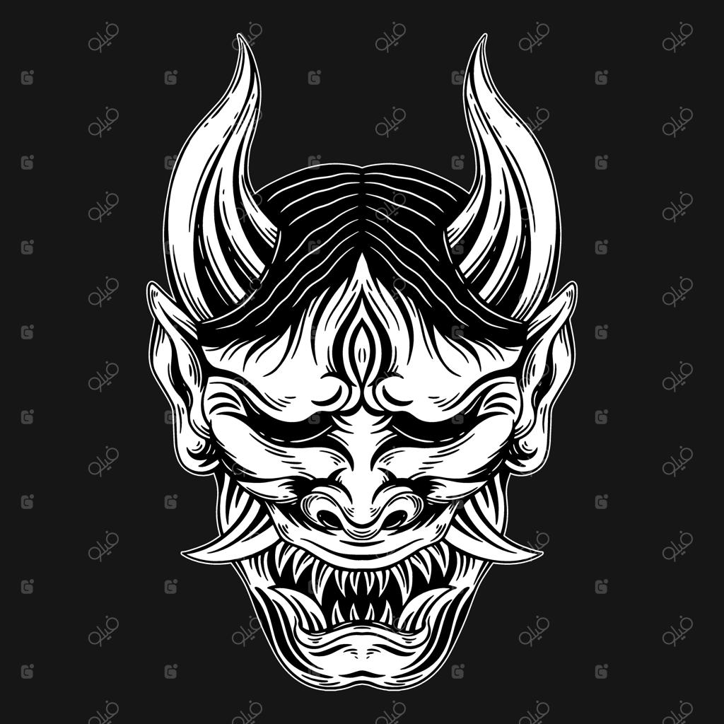 نقاشی ماسک شیطان ژاپنی به سبک تاتو تاریک و هاشورزده