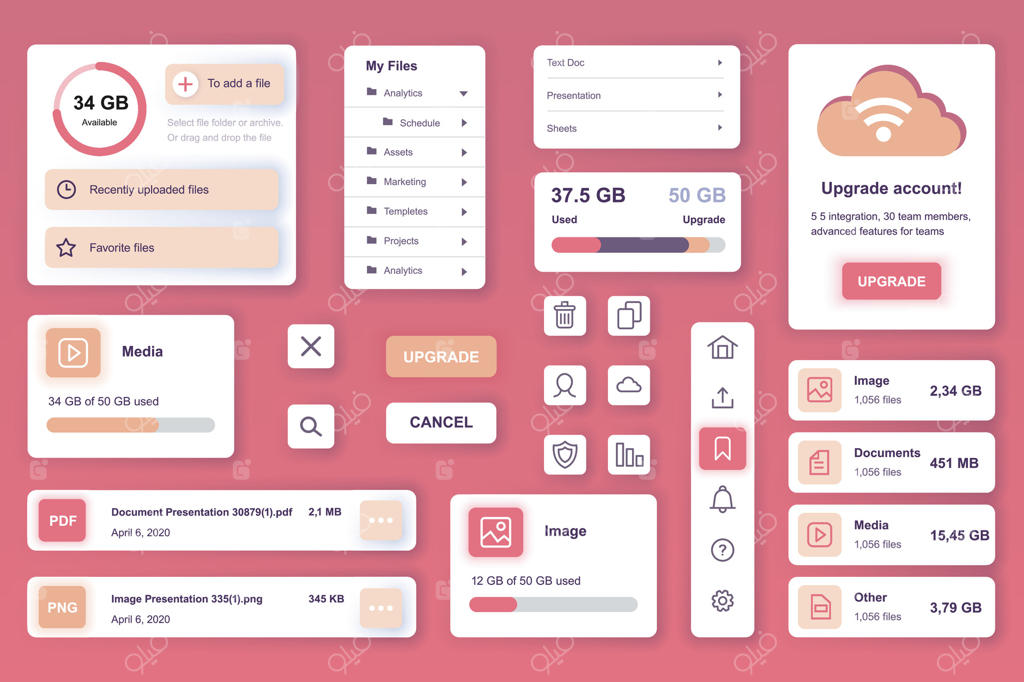 مجموعه المان‌های رابط کاربری برای اپلیکیشن موبایل و وب‌سایت ذخیره‌سازی ابری؛ قالب کیت طراحی شامل مدیریت فایل، سیستم امنیت آنلاین، ارتقای حساب و میزبانی داده‌ها. پکیج اجزای UI، UX و GUI.