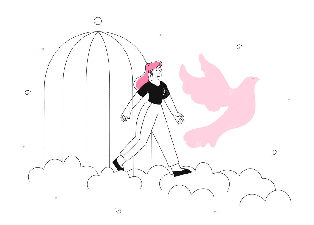 زن جوانی که قفس را ترک می‌کند: مفاهیمی از آزادی و استقلال، روان‌شناسی و سلامت روان. شکستن موانع و آزاد شدن اسیر درونی، مبارزه با ترس‌ها.  

تصویری الهام‌بخش از قدرت و شجاعت درونی.