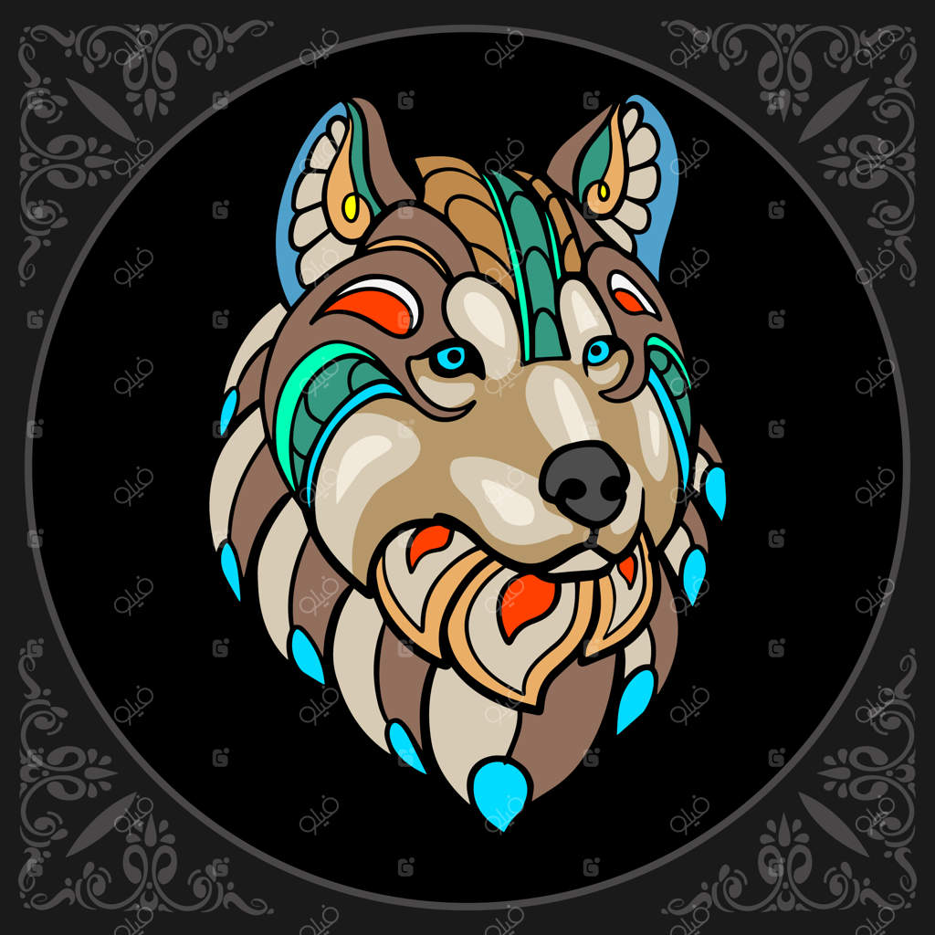 هنرهای زنتانگل گرگ رنگارنگ بر روی پس‌زمینه مشکی