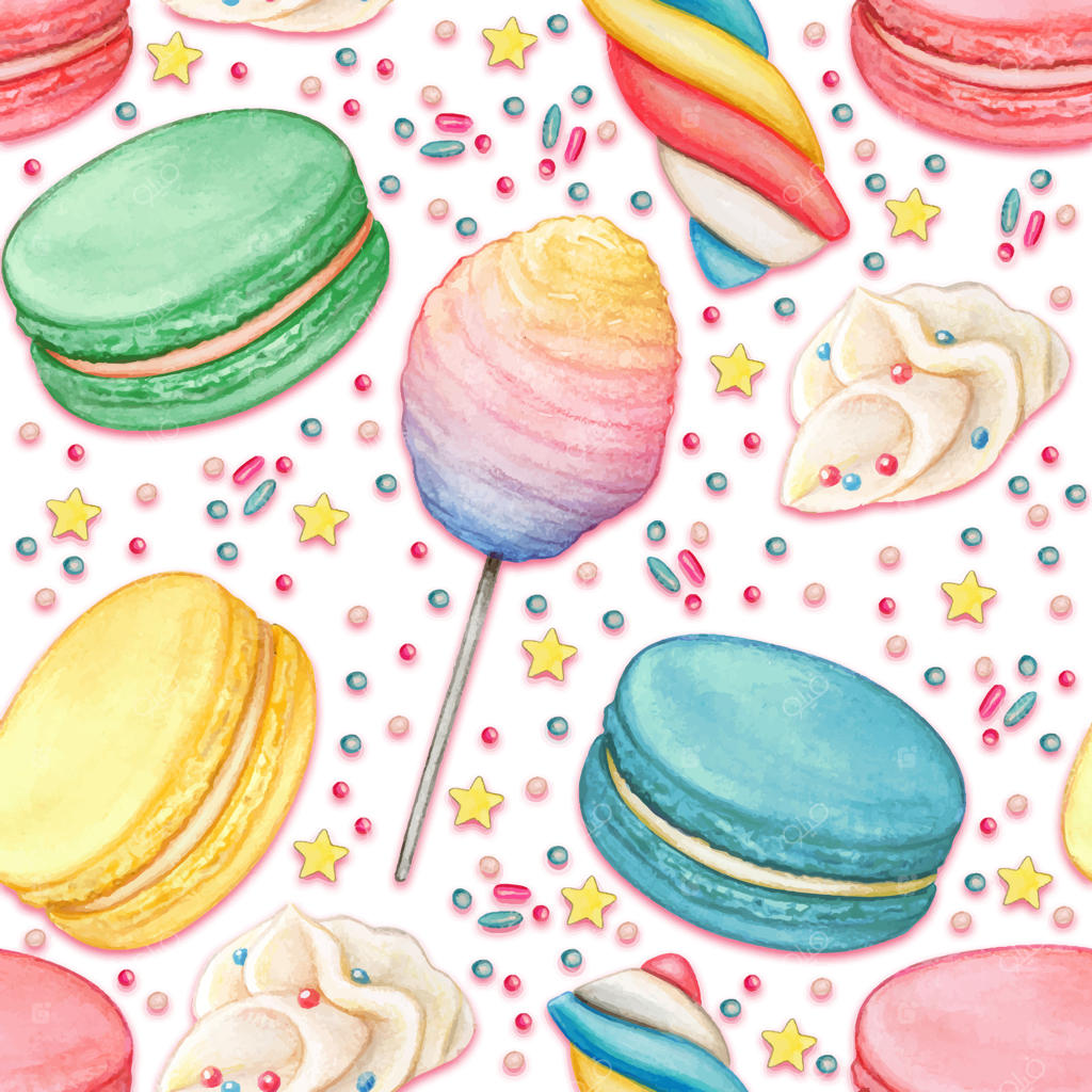 الگوی یکپارچه ماکارون‌های رنگارنگ آبرنگ و شیرینی‌های قندی