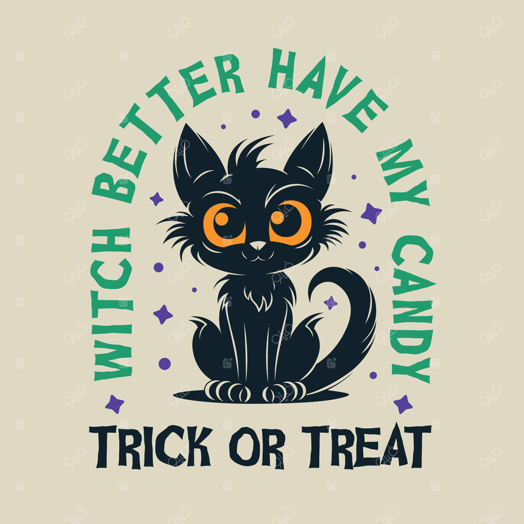 لوگوی وینتیج گربه جادوگر هالووین با تم هدیه یا شیطنت