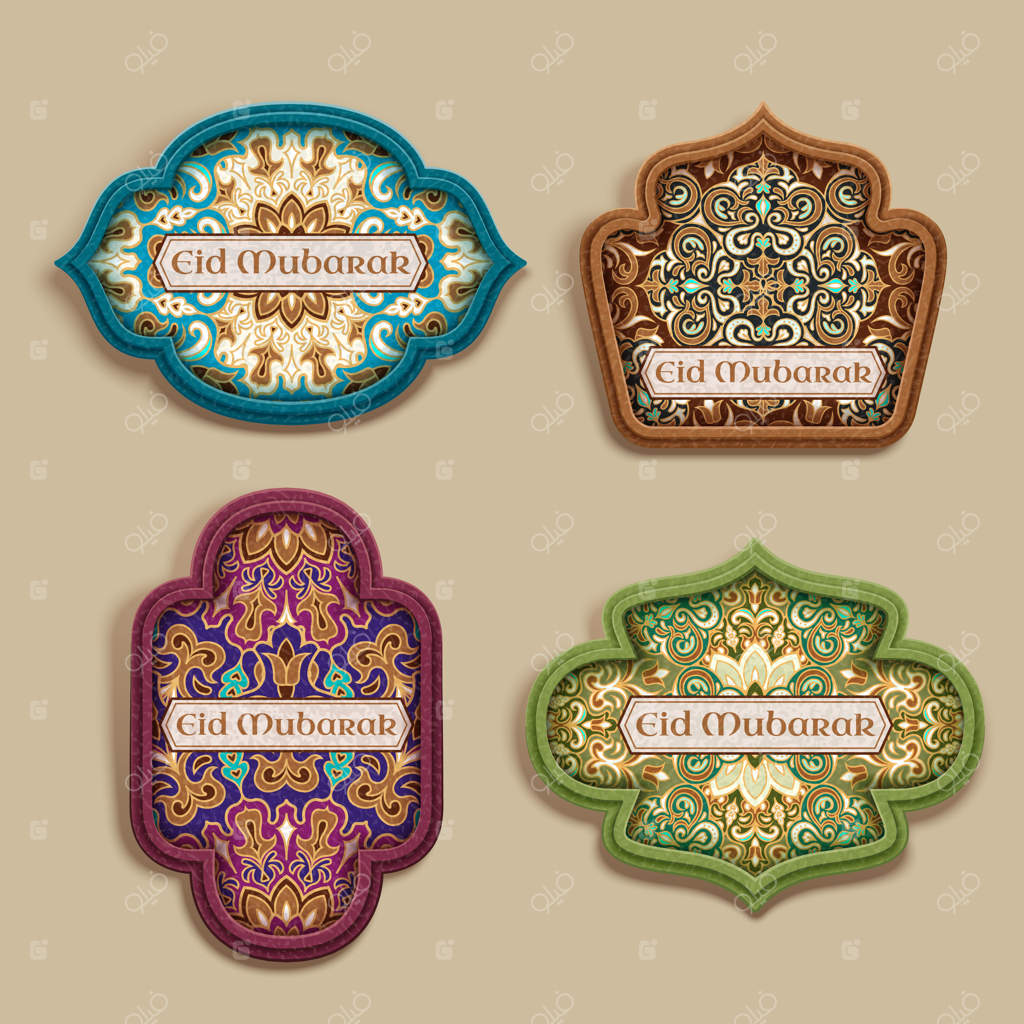 برچسب‌های عید مبارک با طرح گل‌های عربسک روی زمینه بژ