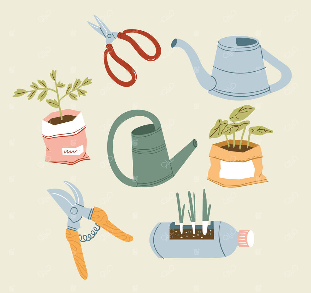 مجموعه ابزار باغبانی با طراحی طرح‌واره شامل گلدان‌های بازیافتی و لوازم نگهداری گیاهان