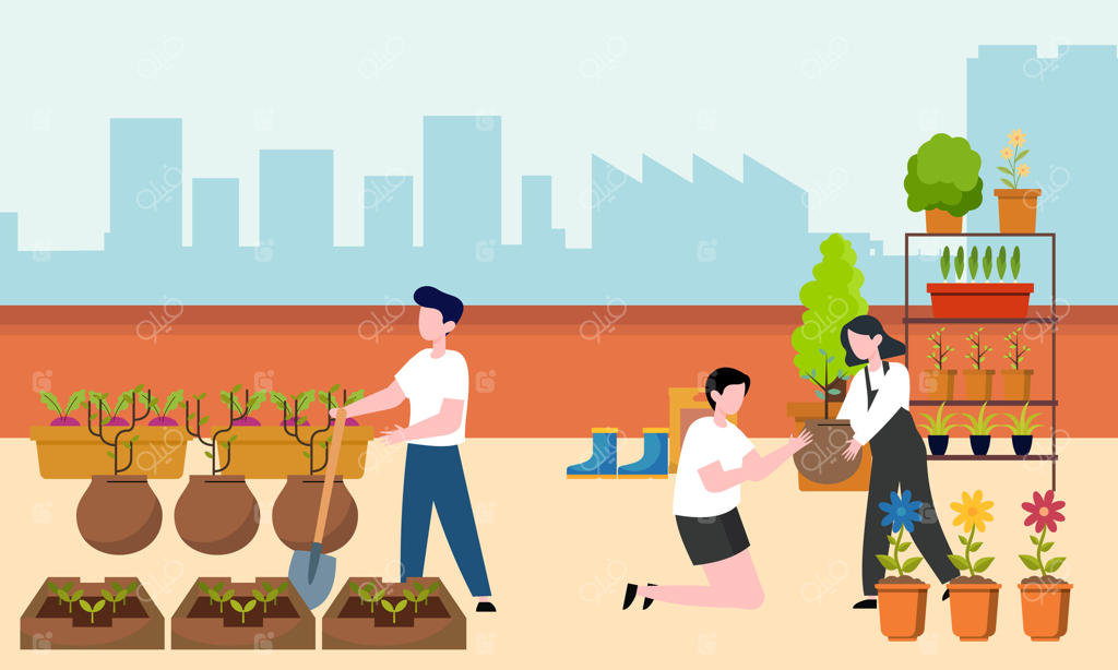 نقاشی همکاری مردم، باغبان و کشاورز برای ایجاد بام سبز