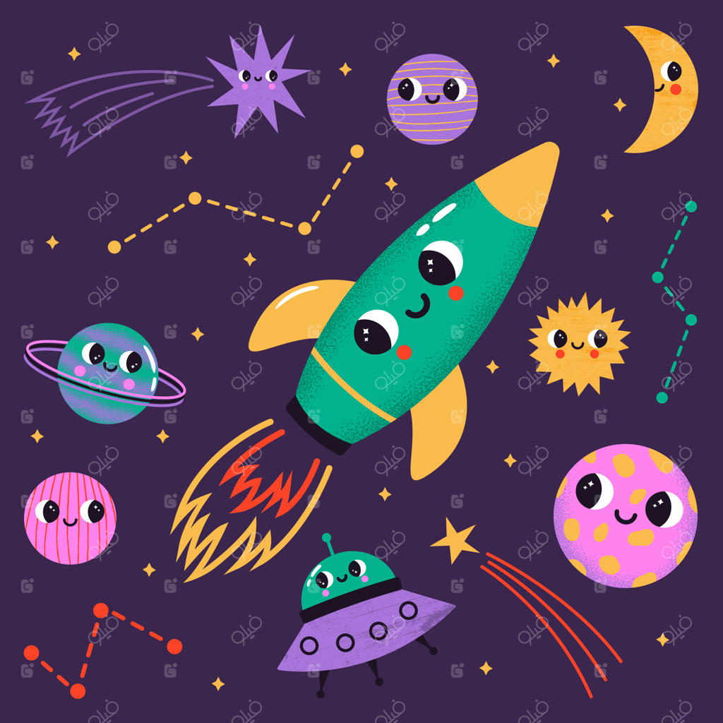تصویرسازی وکتور از موشک در حال پرواز با سیارات انتزاعی، ستاره‌ها، بشقاب‌پرنده و عناصر دیگر