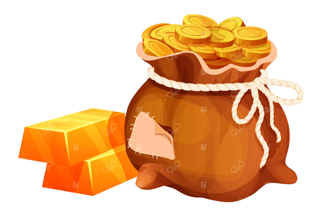 کیسه‌ای پر از سکه‌های طلا، دسته‌ای از شمش‌های طلایی، دارایی درخشان بازی به صورت منفرد بر روی زمینه سفید