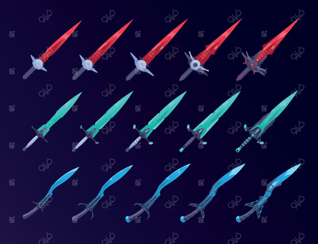 مجموعه وکتور ارتقای شمشیر بازی؛ سلاح‌های فانتزی و کارتونی با سطح‌بندی قدرت برای طراحی رابط کاربری (UI)، تجهیزات نبرد جادویی و قرون‌وسطایی