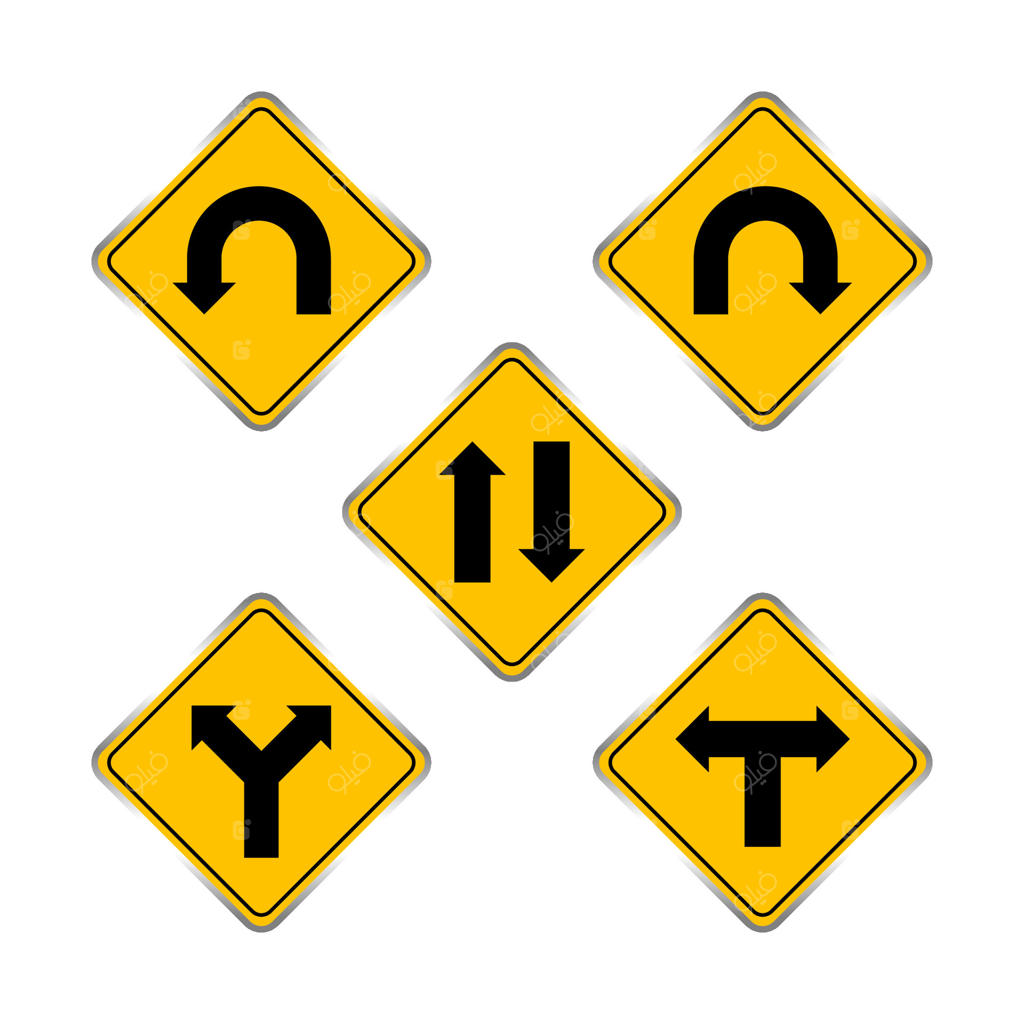 مجموعه علائم جاده‌ای زرد، تابلوهای راهنمایی زرد رنگ بر زمینه سفید، تابلوهای هشدار و جهت‌دهی، علامت جاده‌ای با فلش سیاه جهت‌دار.