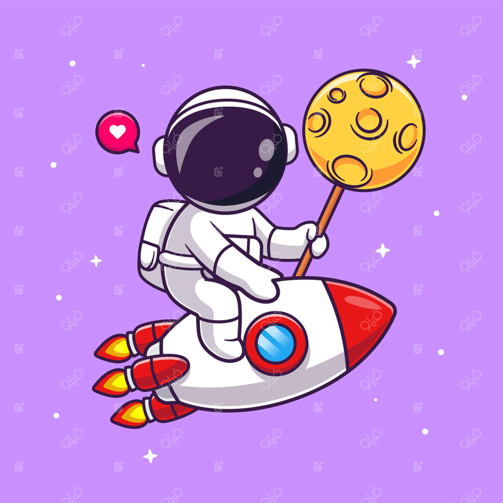 آیکون کارتونی وکتور: فضانورد بامزه با آب‌نبات ماه نشسته بر روی موشک - علم و فناوری