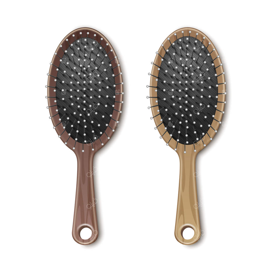 ست مجموعه برس و شانه چوبی قهوه‌ای برای آرایش مو، روی زمینه سفید