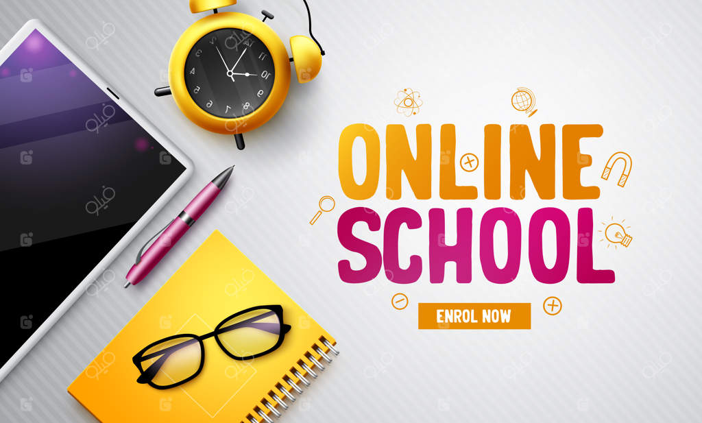 طراحی پس‌زمینه الکترونیکی: متن مدرسه آنلاین با دستگاه تبلت، دفترچه و ساعت زنگ‌دار