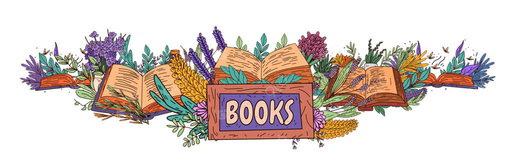 کتاب‌ها با تم طبیعت: کتاب‌های باز محصور در گل‌ها و برگ‌های رنگارنگ، صحنه‌ای افسونگرانه را خلق می‌کنند