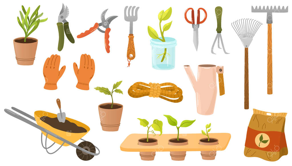 مجموعه ابزار باغبانی. آیکون‌های طراحی شده دستی از تجهیزات باغبانی و کشاورزی، فرغون، قیچی باغبانی، آب‌پاش، مجموعه ابزارهای باغبانی، کلیپ‌آرت رنگی و مجزا