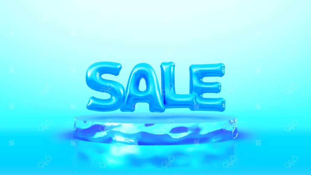 بنر حراج زمستانی: واژه حراج به صورت بادکنک سه‌بعدی روی سکوی یخی در پس‌زمینه آبی. سکوی محصول واقع‌گرایانه برای تخفیف زمستانی و طراحی تبلیغاتی کریسمس. تصویر برداری.