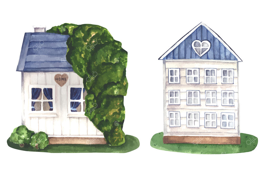 نقاشی خانه‌های آبرنگ در کنار عمارت سبز