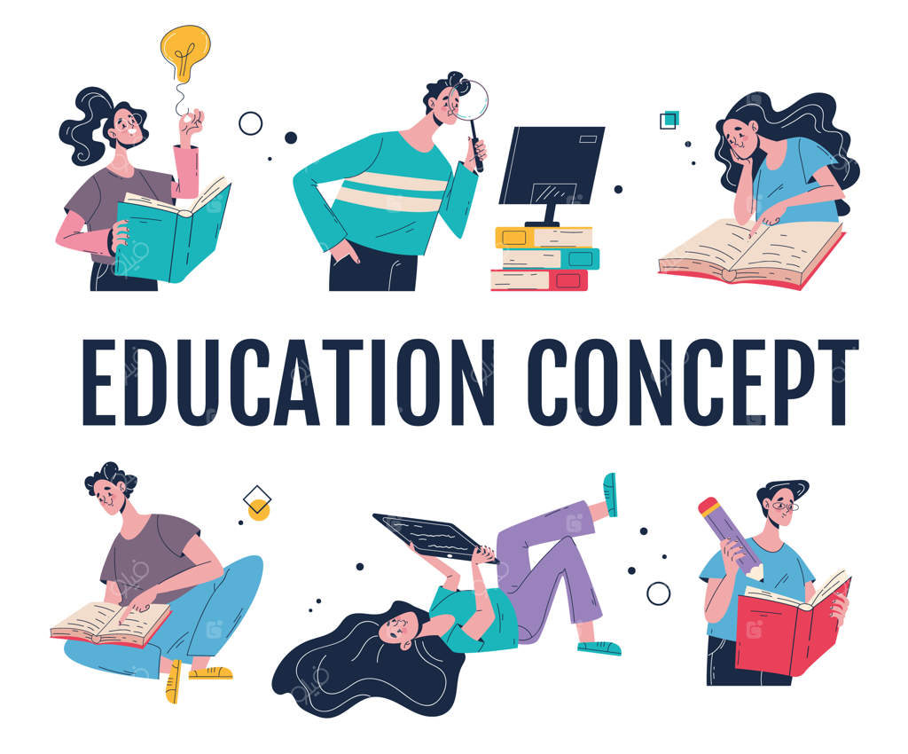 مجموعه‌ای از مفاهیم آموزش آنلاین، مدرسه و کتابخوانی