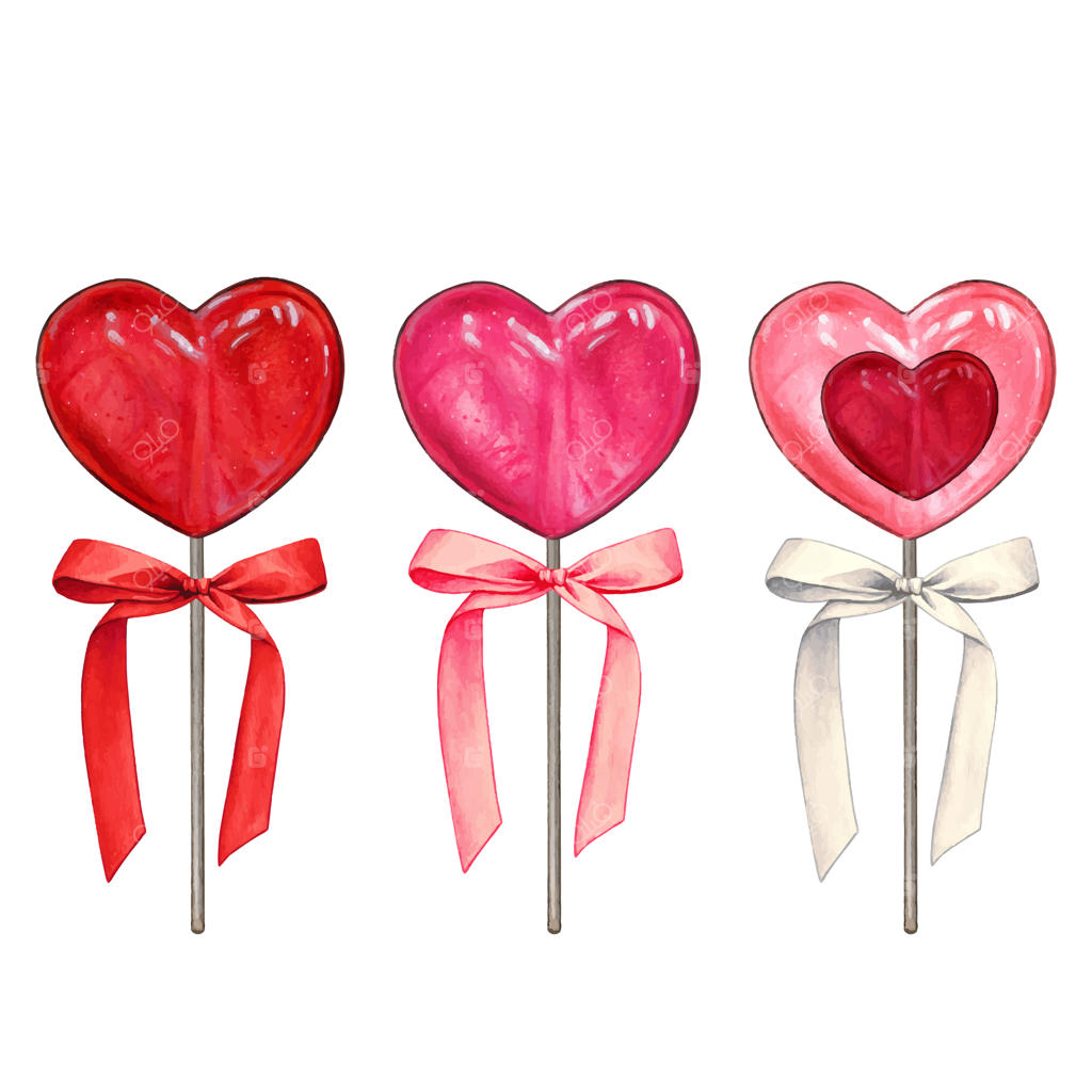 آب‌رنگی دست‌ساز آب‌نبات چوبی قلبی دوست‌داشتنی