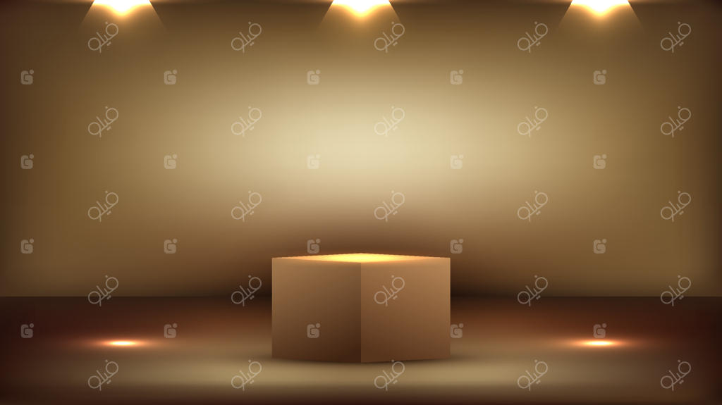 اتاق استودیو طلایی شیک با سکو سه‌بعدی خالی و نورافکن روی صحنه پس‌زمینه