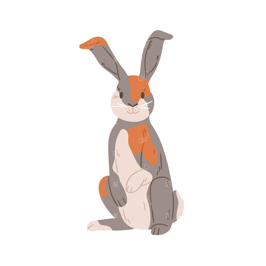 خرگوش بامزه نژاد هرلکین با لکه‌های چندرنگ روی خز. خرگوش خال‌دار در حال ایستاده. پرتره‌ای از حیوان شاد با گوش‌های بلند. تصویر واقع‌گرایانه از خرگوش خانگی. تصویر وکتوری تخت جدا شده بر روی زمینه سفید.