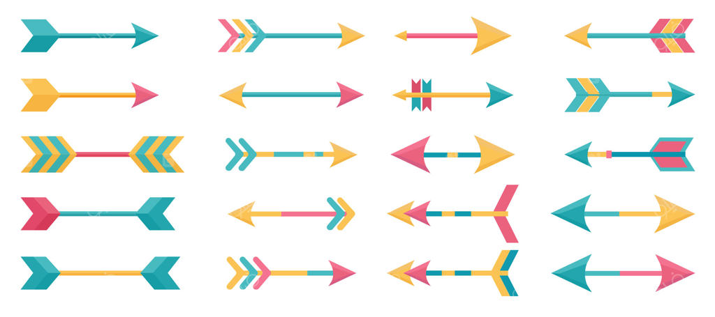 مجموعه‌ای از پیکان‌های فانتزی رنگارنگ با طرح‌های متنوع روی زمینه سفید