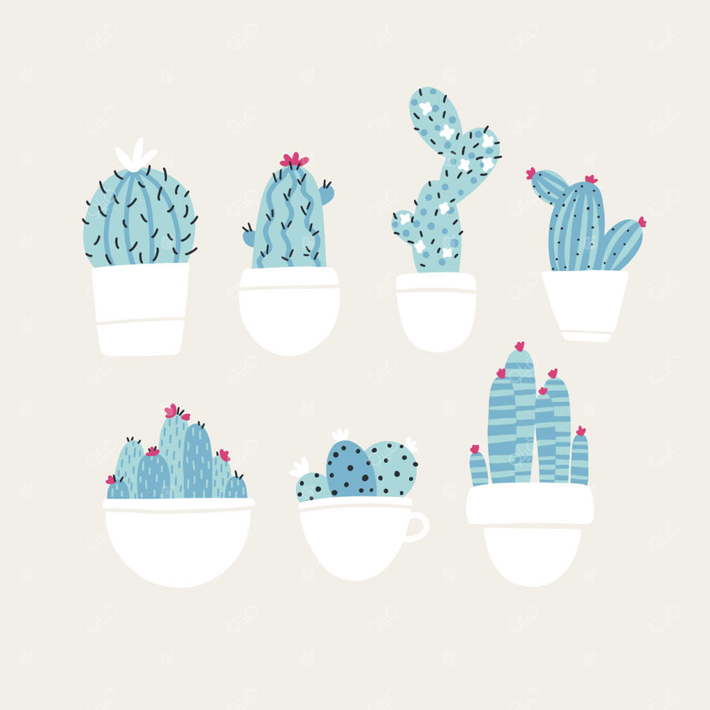 مجموعه گیاهان خانگی گلدار، کاکتوس‌ها و ساکولنت‌ها در گلدان‌ها. سبک ترسیم دستی اسکاندیناویایی و کارتون ساده. پالت رنگ‌های ملایم و مینیمالیستی.
