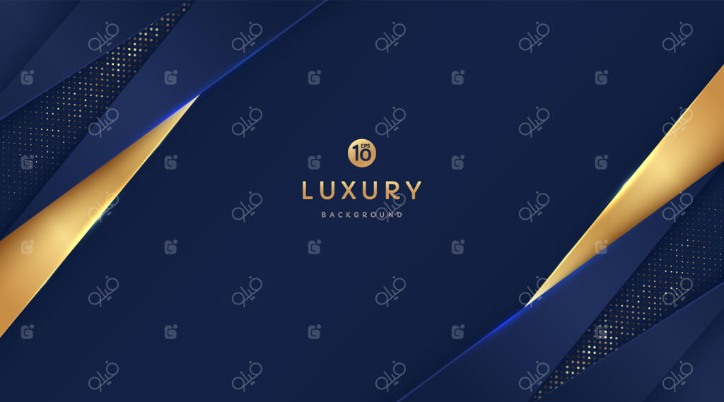 اشکال مثلثی انتزاعی و لوکس آبی و طلایی با خطوط راه راه طلایی و اکلیل