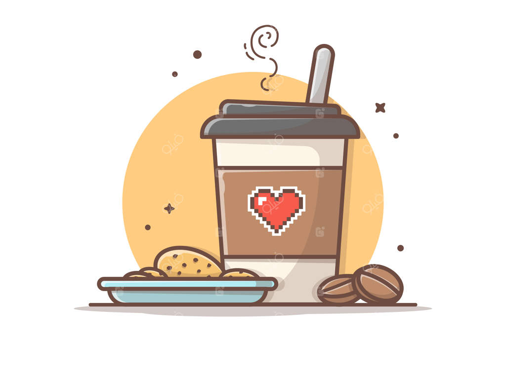 نقاشی آیکون قهوه داغ با کوکی و دانه‌های قهوه