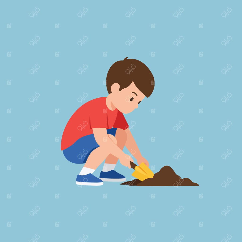 تصویر پسری که با بیل زرد و لباس قرمز و شلوارک آبی در باغچه خاک می‌کند.