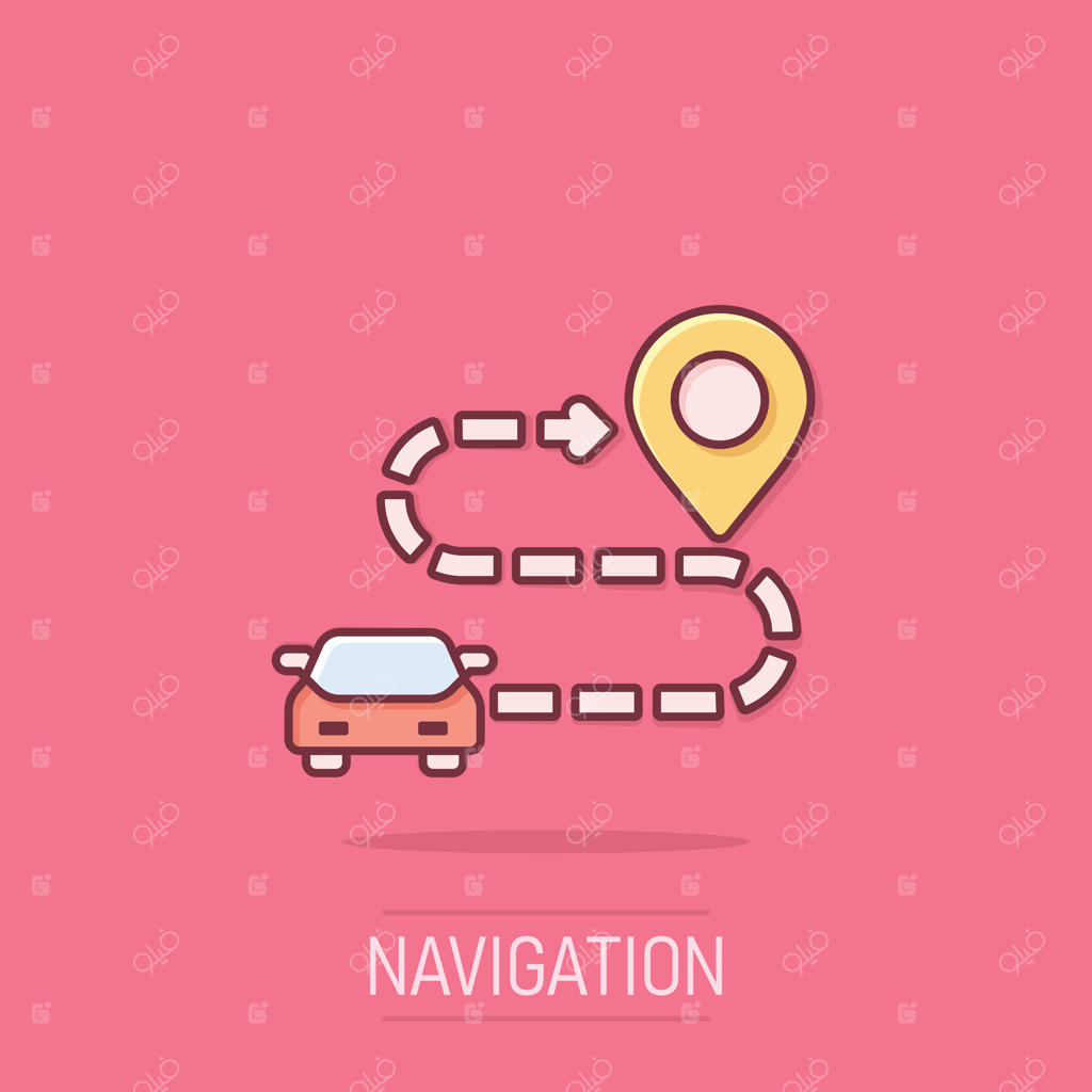 آیکون مقصد خودرو به سبک کمیک: تصویرسازی کارتونی ناوبری خودرو در پس‌زمینه‌ای جداگانه. مفهوم کسب‌وکار با افکت محل‌یابی.
