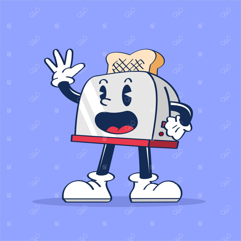 تصویر کارتونی یک توستر با صورتی خندان و دست در حال سلام کردن (طراحی دستی)