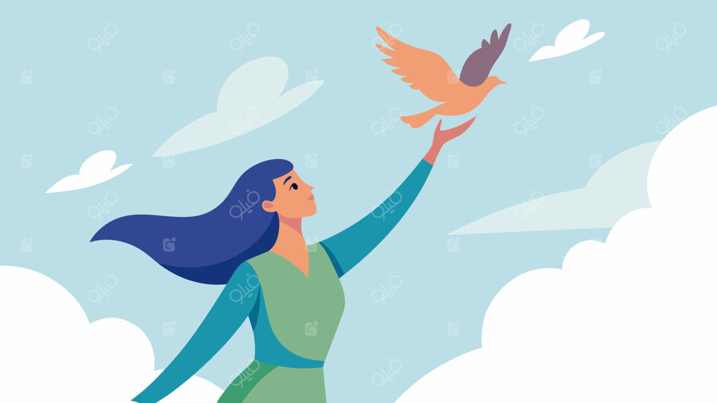 نقاشی آبرنگ زنی که پرنده‌ای را به آسمان آزاد می‌کند، نمادی از آزادی و رهایی