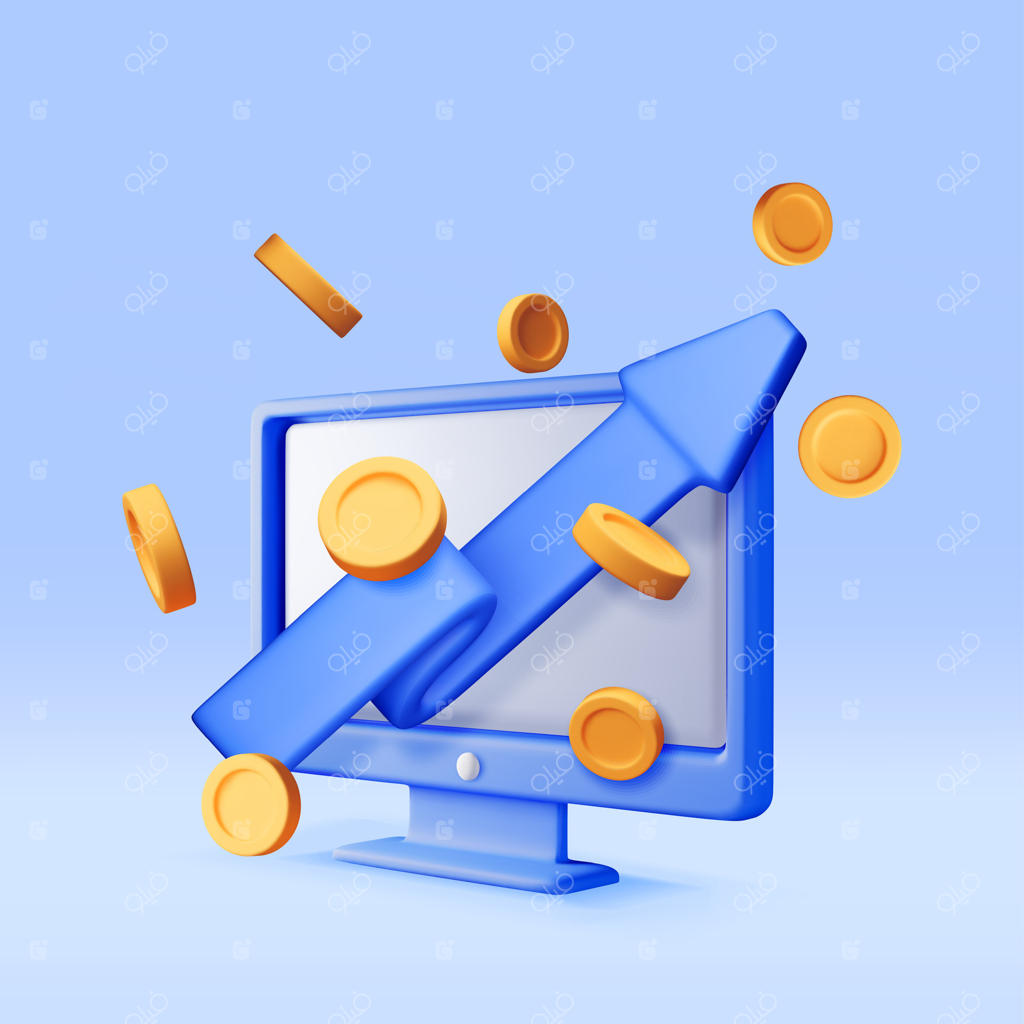 نمودار سکه رشد سه‌بعدی و فلش روی کامپیوتر. نمایش فلش سه‌بعدی با پول روی مانیتور که رشد یا موفقیت را نشان می‌دهد.