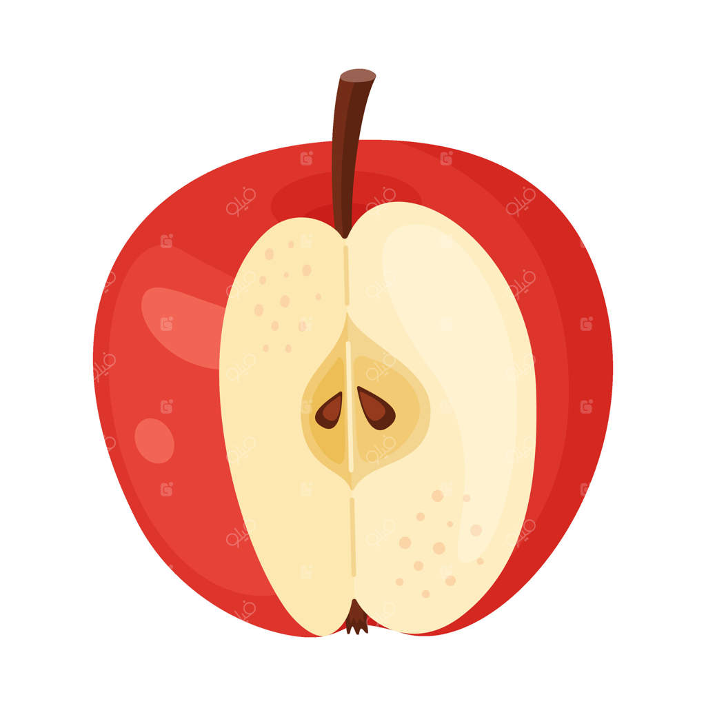 سیب قرمز تازه با بخشی بریده شده، میوه تازه باغ. تصویر دستی سیب بریده شده، سبک تخت، جدا شده روی پس‌زمینه شفاف