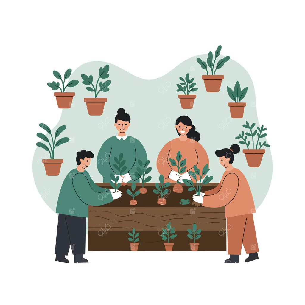 گروهی از افراد که در حال کاشت و مراقبت از گیاهان سبز در گلدان‌ها و باغچه‌های مرتفع در فضای داخلی با پس‌زمینه سبز هستند.