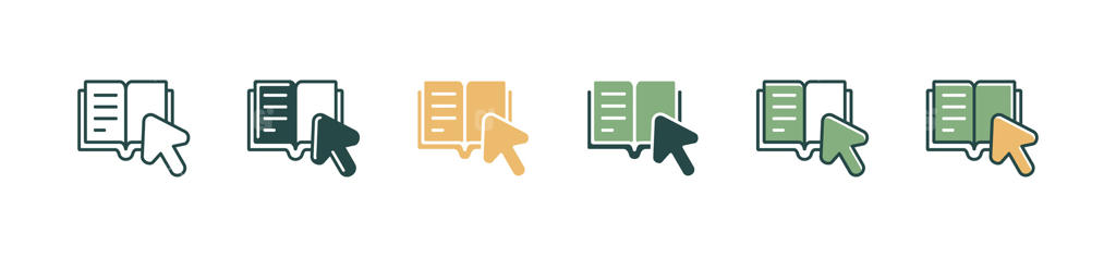 مجموعه آیکون‌های کتاب باز به همراه فلش: کتابخانه دیجیتال، مطالعه، آموزش، فرهنگ لغت، دوره آنلاین، رسانه خواندن، نمادهای تجاری، تصویرسازی برای وب و اپلیکیشن‌ها