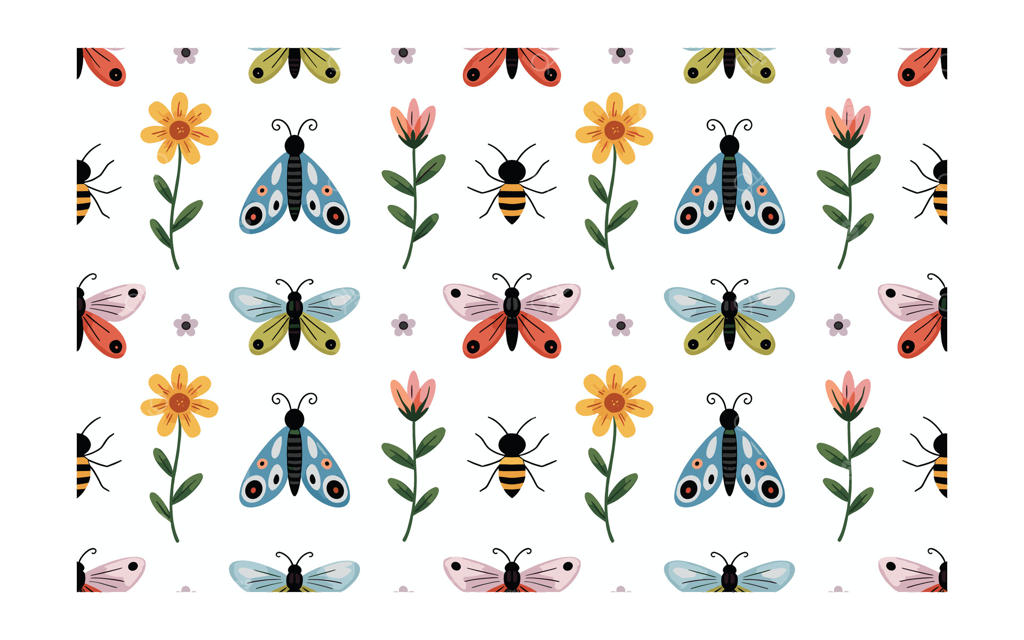 پترن یکپارچه با پروانه‌ها، زنبورها و گل‌های زیبا در پس‌زمینه سفید برای طرح‌های پارچه و تصاویر تابستانی با ظاهری تمیز و فانتزی