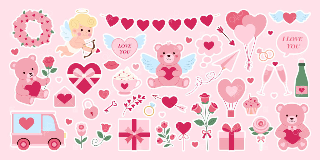 مجموعه‌ای از استیکرها و تصاویر با تم روز ولنتاین: قلب‌های فراوان، خرس عروسکی، کامیون، کاپ‌کیک و بادکنک