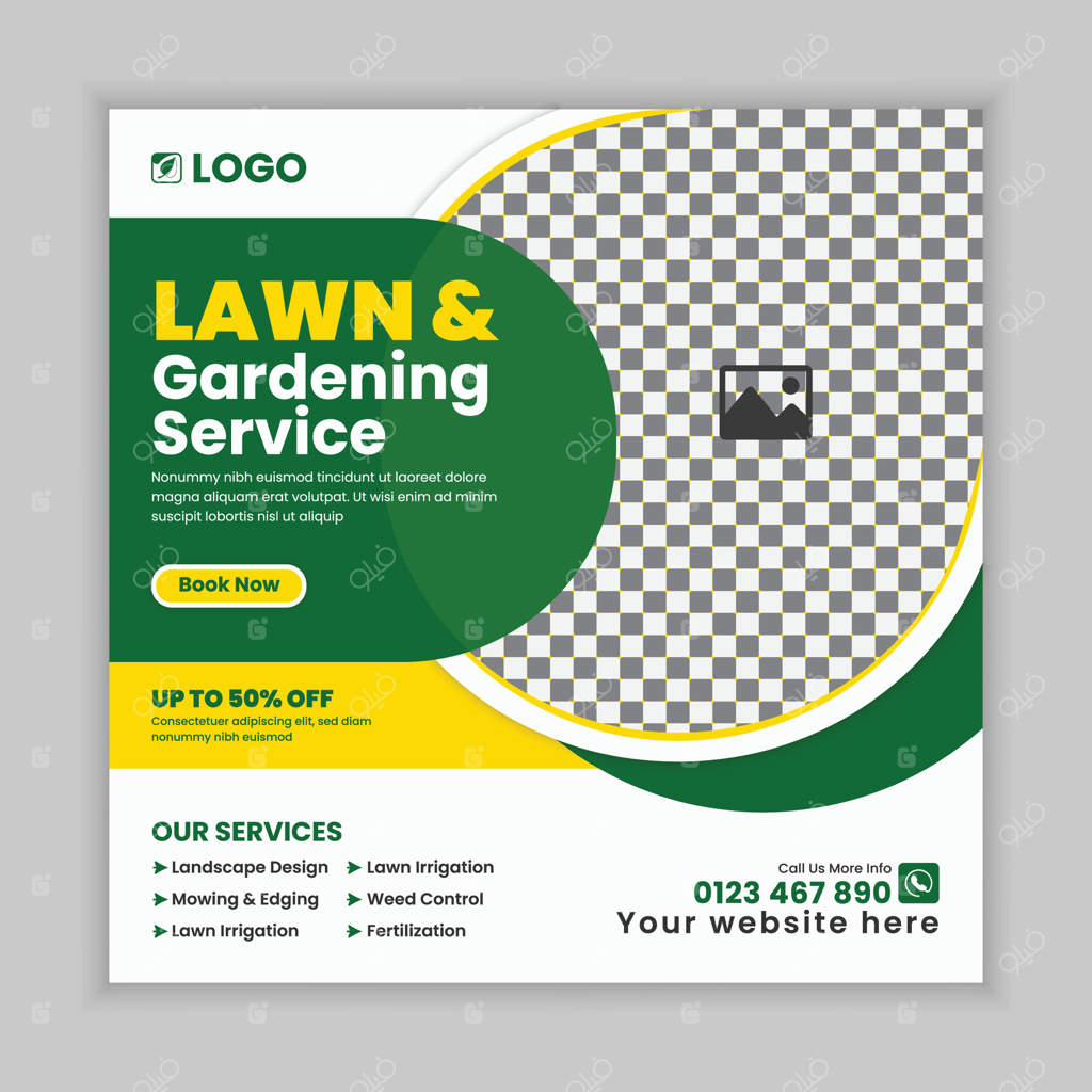قالب طراحی پست شبکه‌های اجتماعی برای خدمات خلاقانه نگهداری باغ و چمن‌زنی: طرح پوستر آنلاین برای ماشین چمن‌زنی و کشاورزی