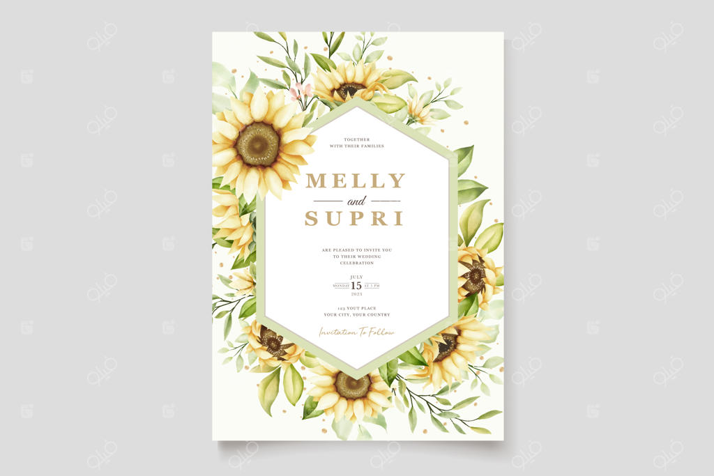 کارت دعوت آفتابگردان با طرح آبرنگی