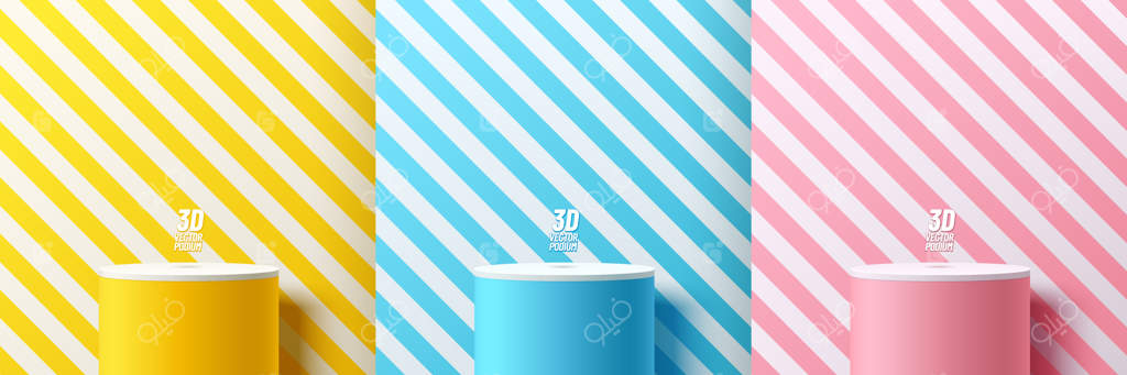 مجموعه‌ای از استندهای استوانه‌ای زرد، آبی و صورتی سه‌بعدی واقع‌گرایانه با خطوط مورب سفید.