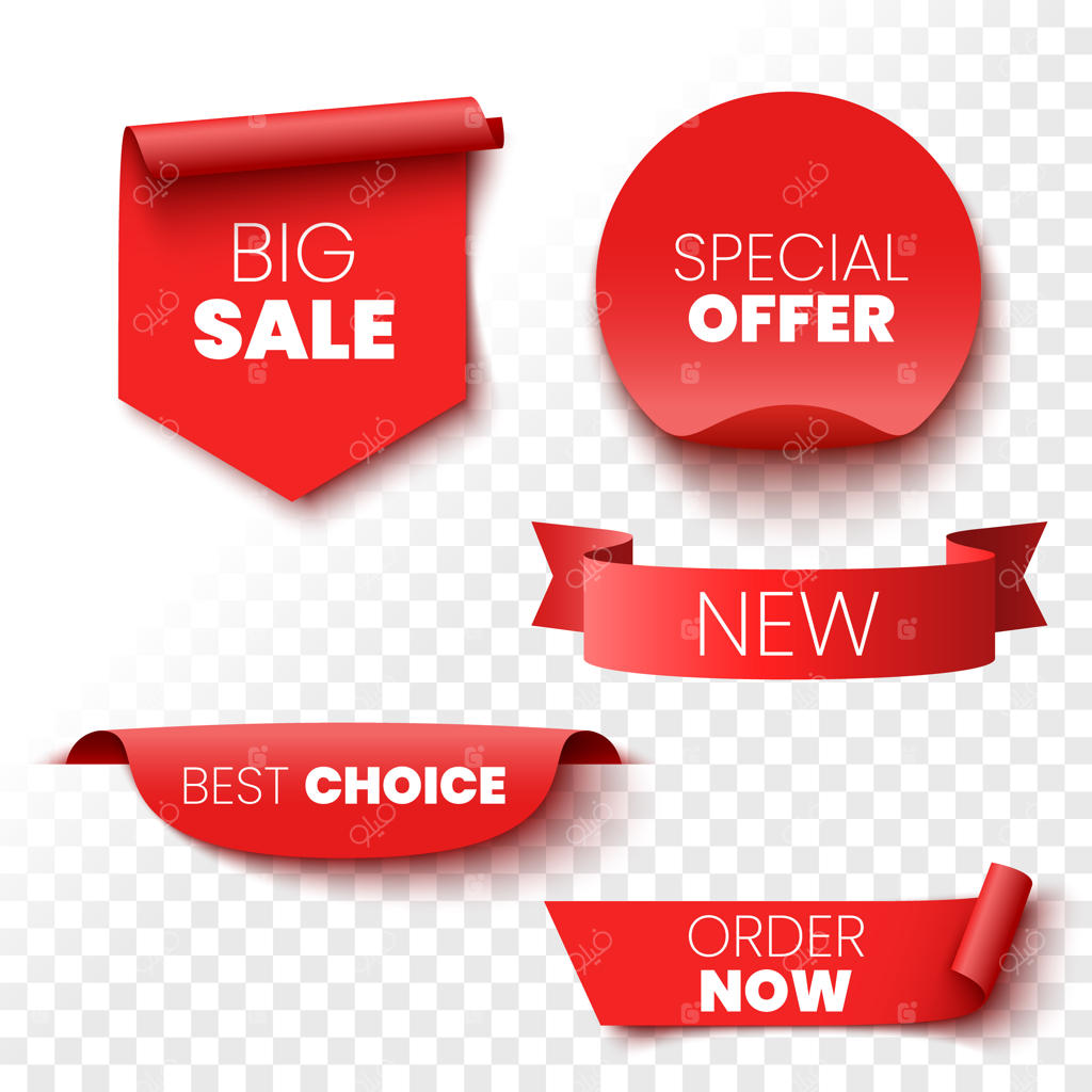بهترین انتخاب: سفارش دهید! پیشنهاد ویژه: فروش بزرگ با بنرها، روبان‌ها، برچسب‌ها و استیکرهای قرمز - تصویر وکتور