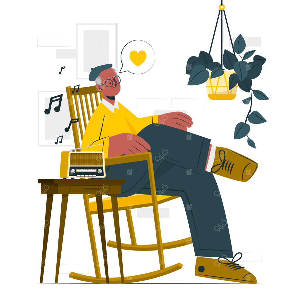 تصویرسازی از پیرمرد در حال گوش دادن به رادیو