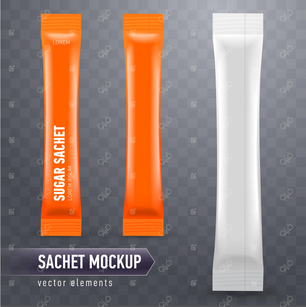 نمای واقعی ساشه‌های استیکی: نمای جلو و پشت. بسته‌بندی خالی برای محصولات آرایشی یا غذایی.