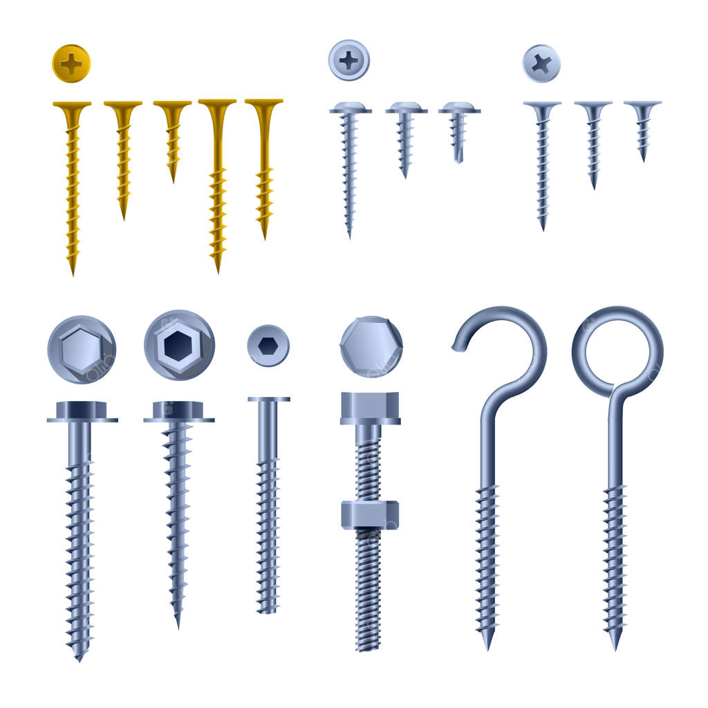 مجموعه پیچ و اتصالات، رنگ‌های طلایی و نقره‌ای - قلاب‌های دیواری و پیچ و مهره، پیچک‌ها و رول‌پلاک‌ها