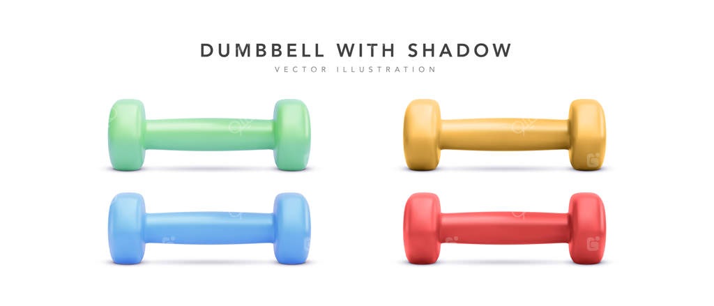 مجموعه‌ای از دمبل‌های رنگی واقعی با سایه بر روی پس‌زمینه سفید