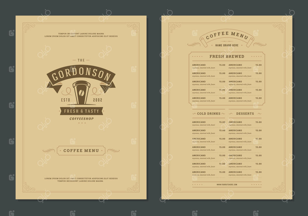طرح قالب منوی قهوه برای تراکت کافه یا کافی‌شاپ با نماد فنجان و لوگوی قهوه.